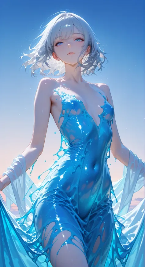 (masterpiece, Highest Quality:1.2), 8k, 85mm, Original photo, absurd, White and light blue theme, ((liquid clothes, liquid dress, draped cloth)), gray hair, gradient dress, Delicate Girl, close-up face, shiny skin, 18 year old woman, See viewers, HDR, shar...