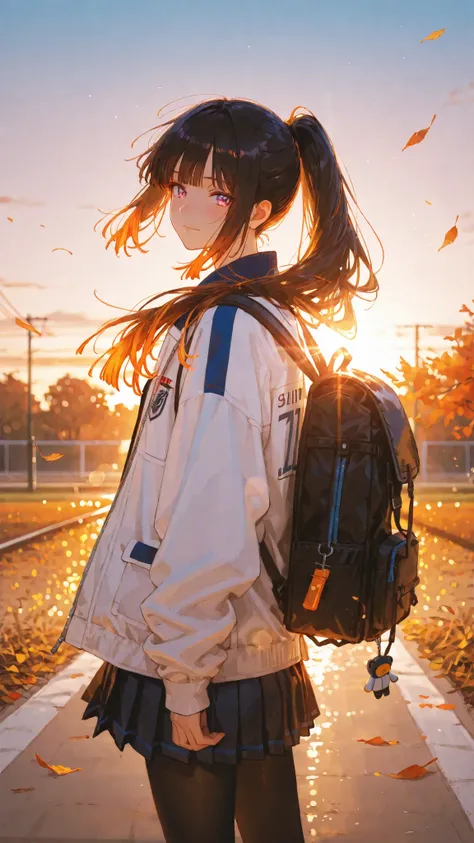 (Masterpiece), (Highest Quality), (Eyes HD), (4K), (Amanatsu style:1.2), (anime style),
Dynamic cinematic close-up, warm golden sunset lighting, soft focus background,
delicate rim light glowing through autumn leaves, subtle lens flare and depth of field,
...