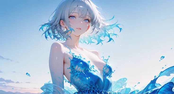 (masterpiece, Highest Quality:1.2), 8k, 85mm, Original photo, absurd, White and light blue theme, ((liquid clothes, half liquid dress, draped cloth)), gray hair, gradient dress, Delicate Girl, close-up face, shiny skin, 18 year old woman, See viewers, HDR,...
