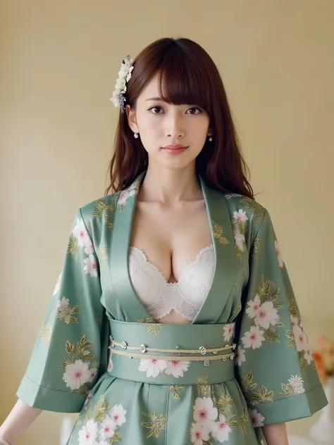 big breasts，big cleavage，Slim Body，Green Cherry Print Kimono，Kimono chest part fully open，No underwear，Gold Maple Leaf Embroidery Exquisite，Ebony Long Hair Hairstyle，Fine Hair Accessory，Dangle Pearl Earrings，Gentle Sweet Smile，Autumn Leaves Maple、Gold Gink...