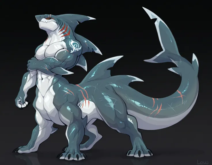 Shark Man , anthropology megalodon, sharkbull, bull, realistic, detailed scaly skin,  solo, Big Arms, is the only,  Detailed Skin, amazing art, anthropology, Shut up, Polynesian Tattoos, Tattoos covering arms and shoulders, detailed scaly skin,  scaly arms...