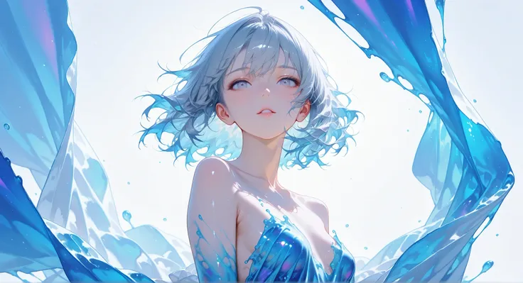 (masterpiece, Highest Quality:1.2), 8k, 85mm, Original photo, absurd, White and light blue theme, ((liquid clothes, draped cloth)), gray hair, gradient dress, Delicate Girl, close-up face, shiny skin, 18 year old woman, See viewers, HDR, sharp focus, colo...