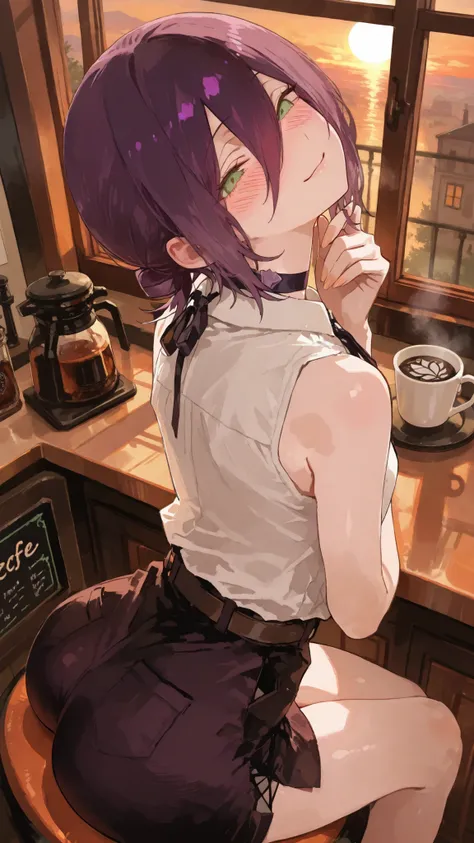 ultra high definition,1girl,reze,A bewitching woman sitting at the counter seat at a cafe,naughty face,Smile,Blush,fascinated expression,Blush,tilt your neck,attractive butt and thigh head rest,Freshly brewed coffee,The orange sunset shines through the win...