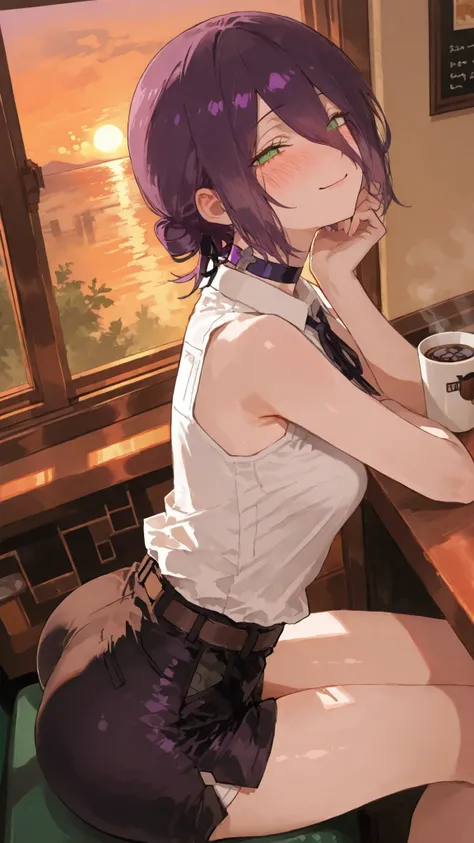 ultra high definition,1girl,reze,A bewitching woman sitting at the counter seat at a cafe,From the side,naughty face,Smile,Blush,fascinated expression,Blush,tilt your neck,attractive butt and thigh head rest,taut clothes,taut shorts,Freshly brewed coffee,T...