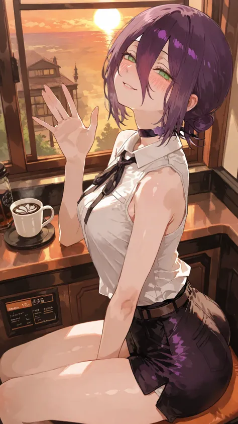ultra high definition,1girl,reze,A bewitching woman sitting at the counter seat at a cafe,From the side,naughty face,Smile,Blush,fascinated expression,Blush,tilt your neck,attractive butt and thighs,waving,taut clothes,taut shorts,Freshly brewed coffee,The...