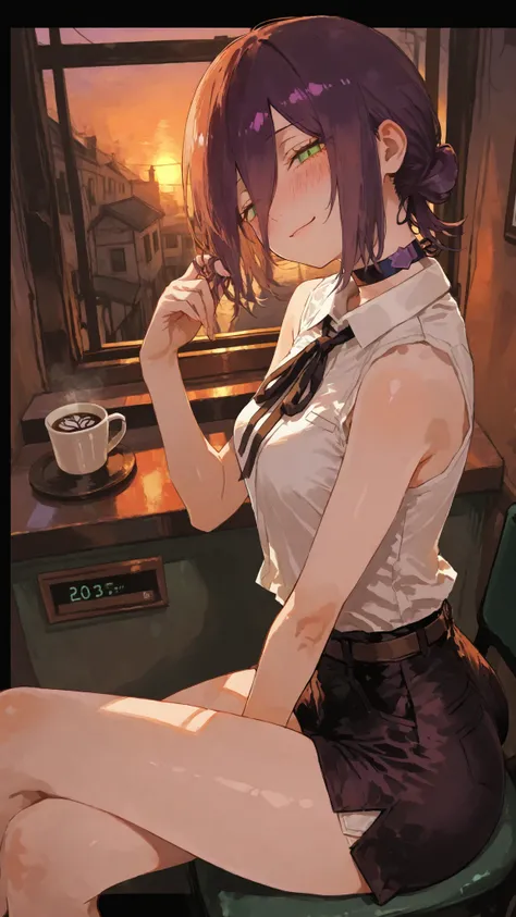 ultra high definition,1girl,reze,A bewitching woman sitting at the counter seat at a cafe,From the side,naughty face,Smile,Blush,staring at the viewer,fascinated expression,Blush,tilt your neck,attractive butt and thighs,playing with own hair,crossed legs,...