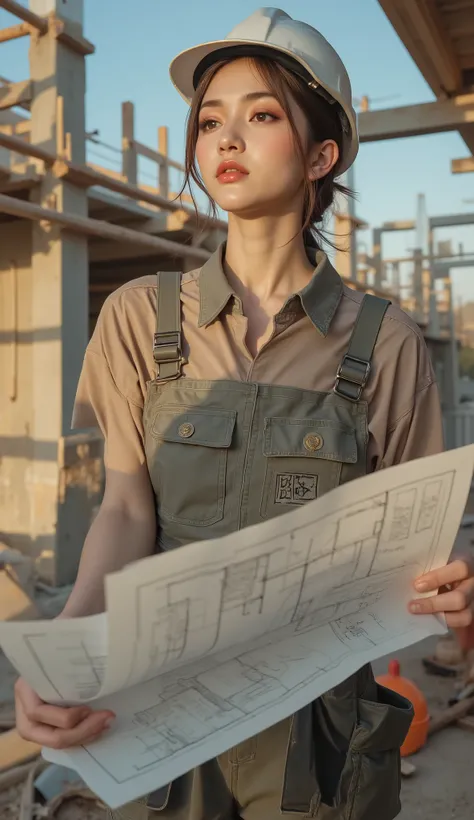 A beautiful woman like a KPOP idol working as a construction site supervisor、Snow White Skin、Slender and supple figure、perfect face、Hard hat and work clothes、Checking the construction blueprints、Against the backdrop of the under-construction framework、The ...