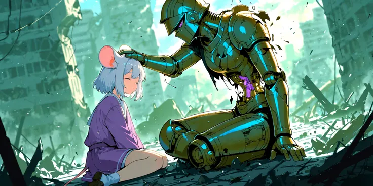 masterpiece, best quality, highres, absurdres, 1boy, 1girl, couple, original, takemoto izumi, (tianliang duohe fangdongye:0.5), (fuzichoco:0.4), furry, kemono, mouse girl, adorable, white bob hair, sidelocks, mouse ears, white eyebrows, purple eyes, (pink ...