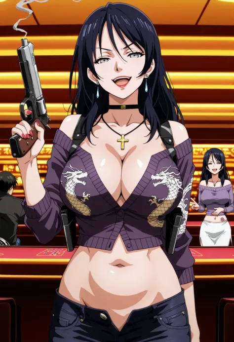 masterpiece, best quality, amazing quality,,  yuri kotobiki, long hair, black hair, grey eyes, mature female, , anime screencap, off shoulder, sweater, purple sweater, skirt, white skirt,,  nail polish, ear piercing, long hair, , lipstick,Hot girl, baddie,...