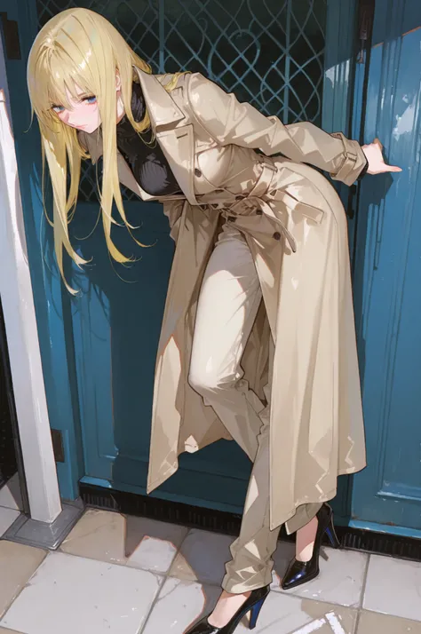 (masterpiece:1.5, ultra-detailed, in the style of Oh! Great, stylish manga illustration, sharp and bold line art, semi-realistic anatomy, blonde-haired girl with long hair ,wearing long beige trench coat, black turtleneck, and slim pants with heels, standi...