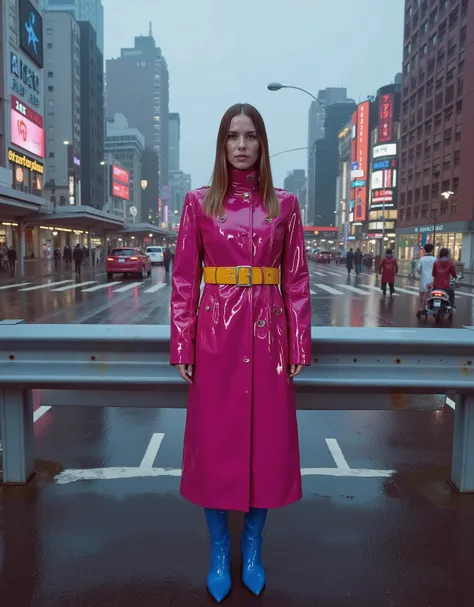 futuristic, elevated highway, billboards on buildings, high buildings, low buildings, people, bus station, shop lights, neons, illuminated, electric poles, signs, cars, rain, a 35 year old woman wearing a shining pink GothTrench with twi bright polished y...