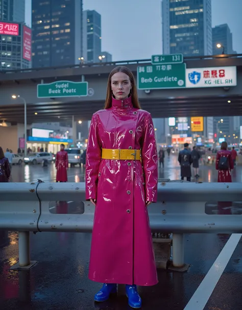 futuristic, elevated highway, billboards on buildings, high buildings, low buildings, people, bus station, shop lights, neons, illuminated, electric poles, signs, cars, rain, a 35 year old woman wearing a shining pink GothTrench with twi bright polished y...