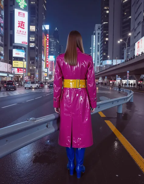 futuristic, elevated highway, billboards on buildings, high buildings, low buildings, people, bus station, shop lights, neons, illuminated, electric poles, signs, cars, rain, a 35 year old woman wearing a shining pink GothTrench with twi bright polished y...