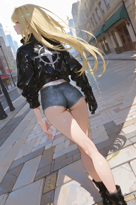 (masterpiece:1.5, ultra-detailed, in the style of Oh! Great, sharp and bold line art, expressive inking, semi-realistic anatomy, blonde-haired girl with long flowing hair, wearing short black rider jacket, denim shorts, and ankle boots, standing in confide...