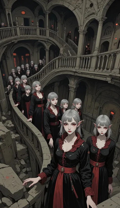 (A digital art style blending ukiyo-e with dark fantasy, creating an aesthetic blend of decadence and gothic elements. Faces are rendered in meticulous detail. The composition features a dark parade viewed from a diagonal overhead perspective. Bizarre.) BR...