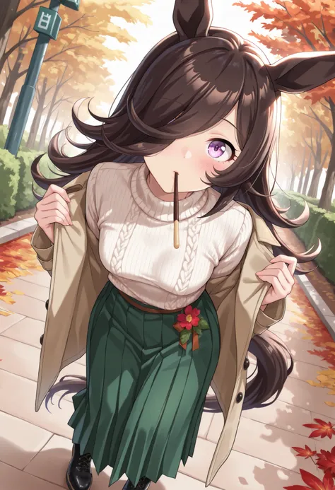 (masterpiece, best quality, perfect face:1.4), wide angle, Rice shower \(umamusume\), brown hair, long hair, purple eyes, bangs, long bangs, long hair, small breasts, hair covering right eye, horse tail, horse ears, tail on the lower back, proportional bod...