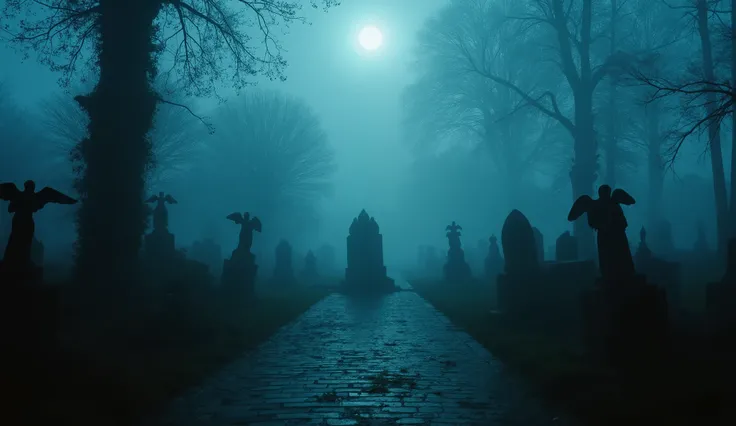 Cinematic ultra-dark background for a music video, endless foggy cemetery at twilight, deep indigo and cold teal color grading, heavy atmospheric fog rolling between cracked ancient tombstones, one central open grave glowing faintly with ghostly cyan light...