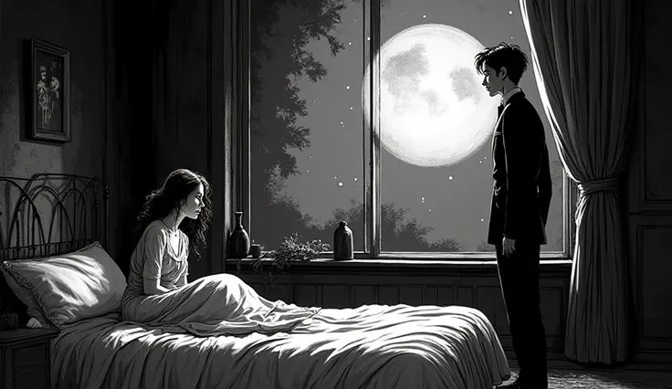 A full black and white gothic cartoon illustration, Tim Burton inspired, depicting a 30-year-old beautiful woman sitting on the bed crying while her husband stands in front of the window, back turned, moonlight highlighting emotional distance. The image mu...