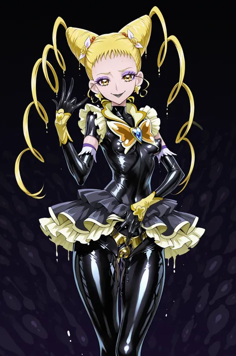 Cure Lemonade. Yellow hair. Villain eyeshadow. Purple eyeshadow. Sarcastic smile. Black lips. Glossy skin. Black latex costume. Latex bodysuit. Yellow frills. Collar with heart crystal. Dripping chastity belt. Metal panties. Perky breasts. Slender body. La...