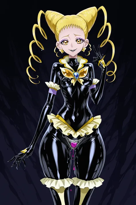 Cure Lemonade. Yellow hair. Villain eyeshadow. Purple eyeshadow. Sarcastic smile. Black lips. Glossy skin. Black latex costume. Latex bodysuit. Yellow frills. Collar with heart crystal. Dripping chastity belt. Metal panties. Perky breasts. Slender body. La...