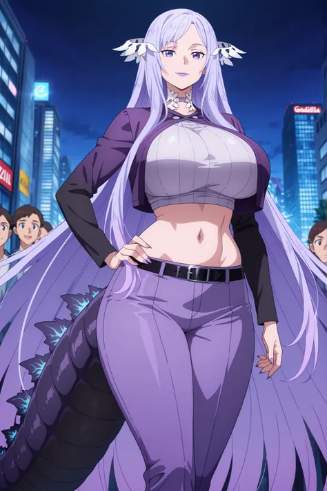 anime screencap, masterpiece, best quality, quinella, 1girl, Mature Female, attractive face, detailed face , medium head, long hair, sidelocks, pointy ears, Godzilla tail, Godzilla large tail, long tail, nails claws, very long tail, light purple hair, purp...