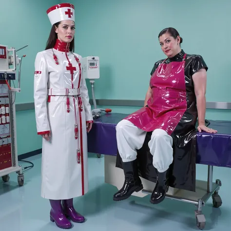 a 38 year old thin woman wearing a long white GothTrench with a red cross on the chest, wearing a red and white nurses hat, standing in an operating room, an oxygen mask in her hand has a hose leading to an anesthetic machine, wearing purple rubber boots, ...