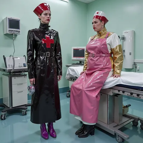 a 38 year old thin woman wearing a long black GothTrench with a red cross on the chest, wearing a red and white nurses hat, standing in an operating room, an oxygen mask in her hand has a hose leading to an anesthetic machine, wearing purple rubber boots, ...