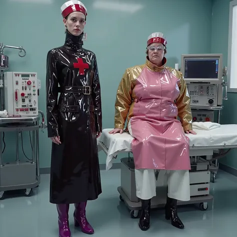 a 38 year old thin woman wearing a long black GothTrench with a red cross on the chest, wearing a red and white nurses hat, standing in an operating room, an oxygen mask in her hand has a hose leading to an anesthetic machine, wearing purple rubber boots, ...