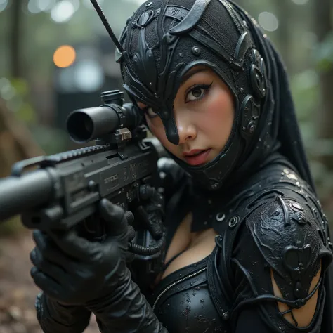 Sexy female beauty face sniper with a、rifle wearing a black ant costume、蟻のマスク