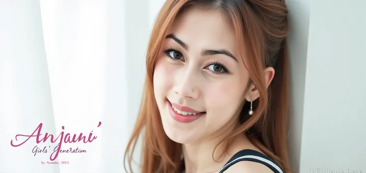 A high-quality, softly lit, close-up portrait of **Im anjani** from the K-pop group **Girls' Generation (LorA)**.
The image is composed with a **large amount of negative space** on the left side, which is pure, bright white, creating a dreamy or ethereal ...