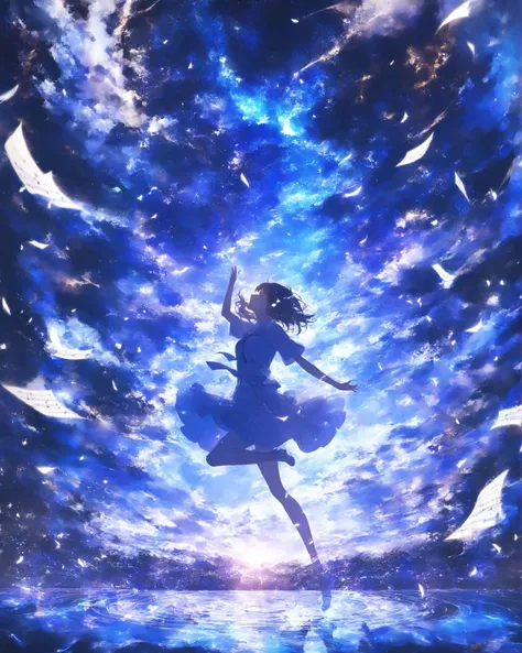 Super Detailed, An Artistic Masterpiece, 8K Wallpaper, Human Highlights 、Person Up、The music played by the girl violently fills the space, scattered notes shake the surrounding air, dynamic poses like dancing, Singing expression, musical notes surround the...