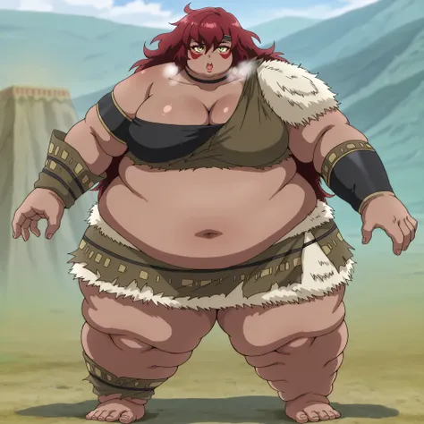 Sus0r4, 1girl, dark skin, tribal, red hair, very long hair, messy hair, hair between eyes, yellow eyes, red facepaint, black headband, medium breasts, collarbone,
black choker, black bandeau, cleavage, fur, rags, brown crop top, fur trim crop top, single o...