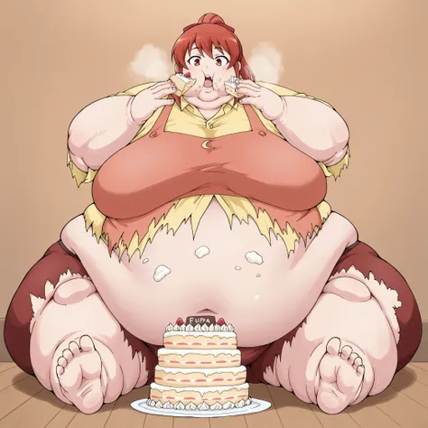 mikaisksmpn, red eyes,
 addmicrodetails, fat, chubby, obese, fat neck, multiple chins, big breasts open mouth, out of breath, Larger female, full body shot, only head, large head, oversized limbs, large hands, large feet, oversized feet, oversized fingers,...