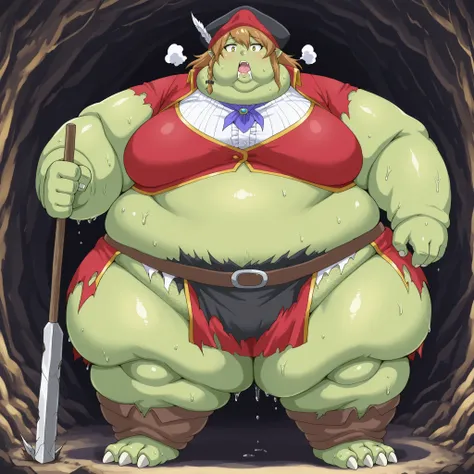  guildreceptionist, Becoming a orc, monster, Orc, Female Orc, green skin, tusks, Orc, fangs, 1girl, fabric clothes, loincloth, blank_stare, empty_stare,  fat, chubby, obese, gigantic arms and legs, large breasts, sweating, wet body, swollen face, Fat_neck ...