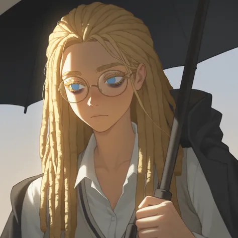 1 girl, blonde hair, long dreadlocks, thick eyelashes, blond eyelashes, glasses, no Pupils, blue eyes, dark shadows under eyes, Freckles, downturn eyes, white college uniform, lean curvey body, waliking outside, black Umbrella in hand Open shadeing against...