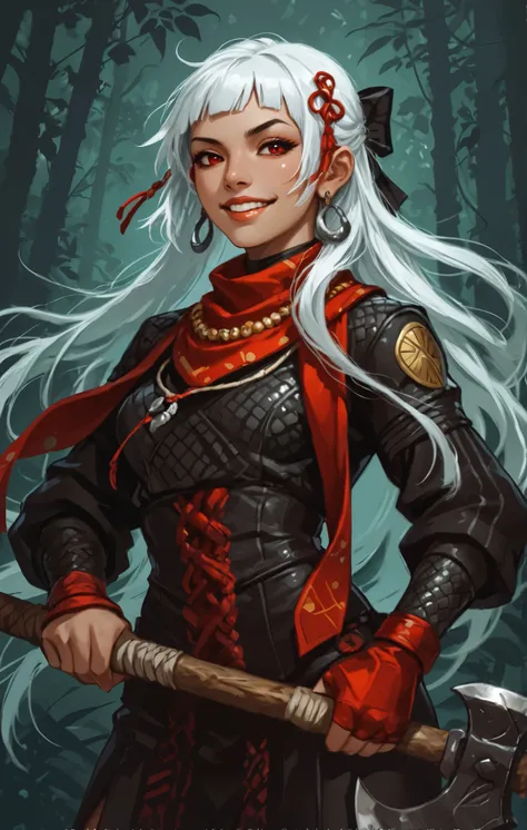 She looks like Elena from Street Fighter and has a horizontal scar across her nose. Inca girl with white dreadlocks with black highlights and silver pearls, red eyes, slanted Asian eyes, sharp canine teeth, black eyeliner, athletic body. Slender and athlet...