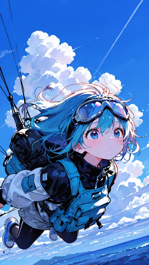 ultra-detailed,very detailed,(masterpiece, detailed:1.2), 748cmstyle, Cute, (masterpiece:1.2, highest quality), (beautiful detailed eyes:1.3), solo, extremely detailed, dramatic angle, motion blur, vivid colors,Cute girl, free falling, vast blue sky, white...
