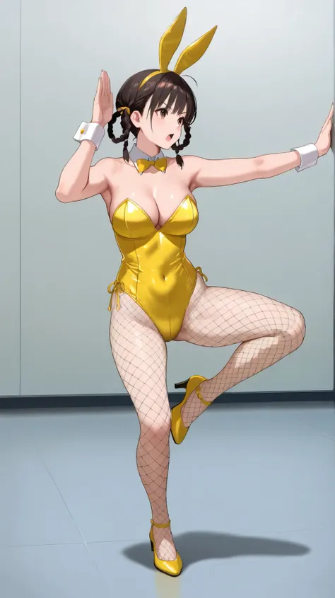 ((((Masterpiece)))), (((( top quality)))), high definition,fine grain, detailed face , ,1girl,,,,, black hair, side braids, twin braids, braided hair rings, (brown eyes,,,,,,beautiful eyes:1.0), bangs,slender,,,,,,,, leifan, ,,,cleavage,,,,yellow bunny...