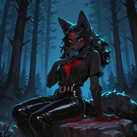 Only one character , anthropomorphic fox , woman , Black Wool instead of Skin , There are no colors other than Black Wool , Black Wool on the Face , Black hair all over the body and head , long black hair , Emotion Temptation , sexy , Blood-red eyes , with...