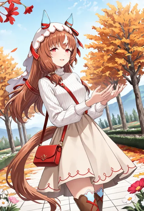 (masterpiece, best quality, perfect face:1.4), wide angle, Still in Love \(umamusume\), brown hair, red eyes, long hair, streaked hair, horse ears, ear cover, ear ornament, veil, red hair ribbon, small breasts, horse tail, tail on the lower back, proportio...