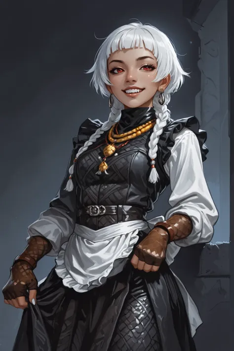 She looks like Elena from Street Fighter and has a horizontal scar across her nose. Inca girl with white dreadlocks with black highlights and silver pearls, red eyes, slanted Asian eyes, sharp teeth, black eyeliner, athletic body. Slender and athletic. Cut...