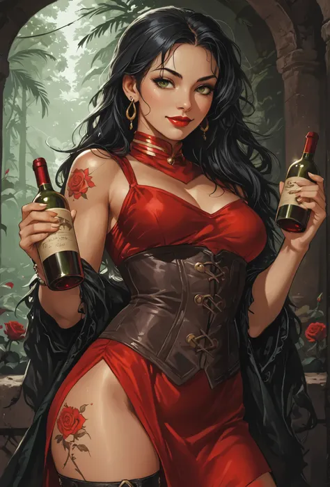 She looks like Poison from Street Fighter. She has a bright smile on her full red lips. She smiles impish-ly. She winks at the viewer. She has long black hair, toned skin and a red rose tattoo on her thigh. Well-endowed, green eyes, athletic body. Slender....
