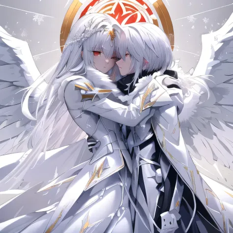  Anime couple hugging and kissing , long red scarf , Hombre en traje formal que lleva una white lab coat and platinum sobre el hombre,Red Eyes, cabello largo color platino anime angel con alas y un halo por encima de la cabeza, anime wallpapers , bíblico p...