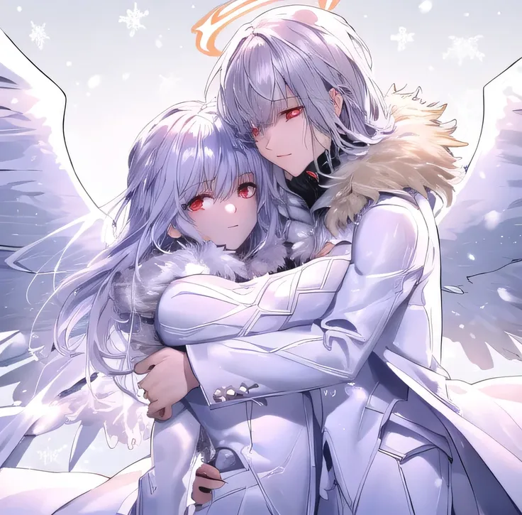  Anime couple hugging and kissing , long red scarf , Hombre en traje formal que lleva una white lab coat and platinum sobre el hombre,Red Eyes, cabello largo color platino anime angel con alas y un halo por encima de la cabeza, anime wallpapers , bíblico p...