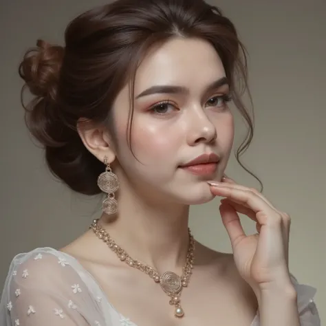 Imagine a serene and elegant close-up of a young woman who speaks directly to you. Her face covers almost the entire image, with a calm expression, safe and deeply focused. She has soft and luminous skin, defined eyebrows and big dark eyes that convey firm...