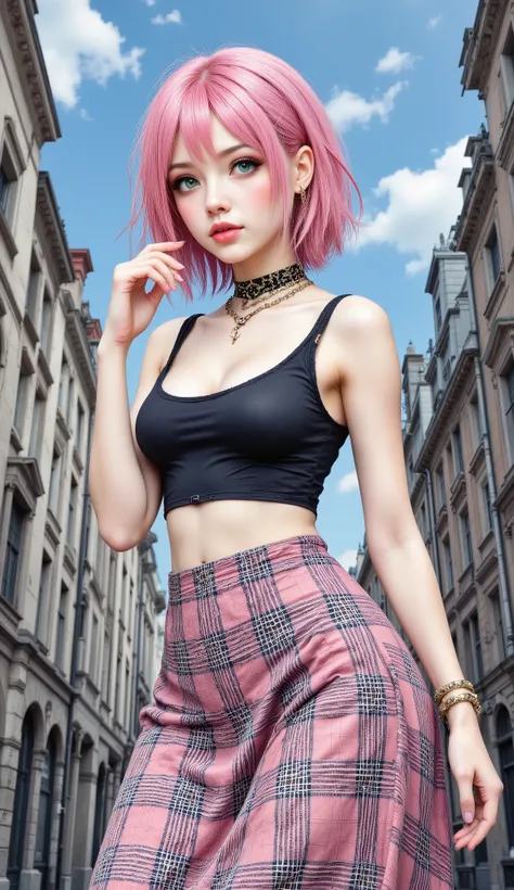 masterpiece, best quality, 1girl, solo, jjtsh, pink hair, short hair, green eyes, lips, pink lipstick, multicolored choker, black crop top, single strap, long skirt, side slit, black skirt, pink skirt, checkered skirt, upper body, looking at viewer, parte...