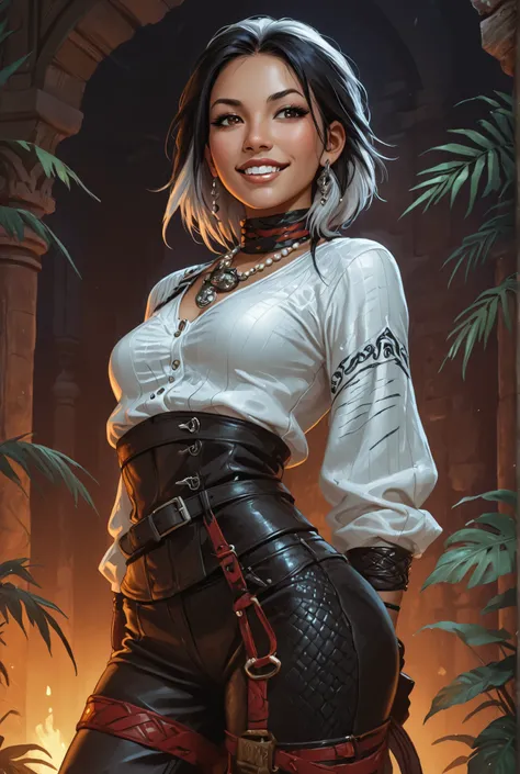 She looks like Elena from Street Fighter and has a horizontal scar across her nose. Inca girl with white dreadlocks with black highlights and silver pearls, red eyes, slanted Asian eyes, sharp teeth, black eyeliner, athletic body. Slender and athletic. Big...