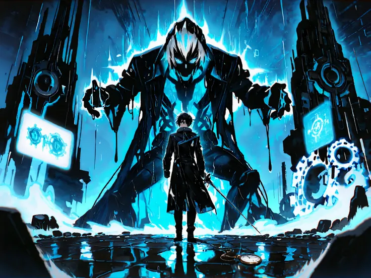 (Masterpiece, best quality, detailed anime illustration), cinematic, 8K, atmospheric. Giulio Lombardi, the Algorithmic Duelist. Man in late 30s, sharp face, cold blue eyes with glowing digital grid in pupils. Silver-streaked black hair. Tall, slender build...