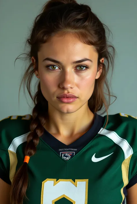Woman wearing green and black American football uniform focusing on her face 