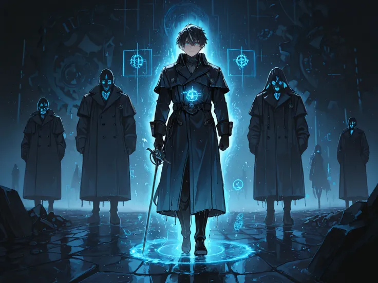 (Masterpiece, best quality, detailed anime illustration), cinematic, 8K, atmospheric. Giulio Lombardi, the Algorithmic Duelist. Man in late 30s, sharp face, cold blue eyes with glowing digital grid in pupils. Silver-streaked black hair. Tall, slender build...